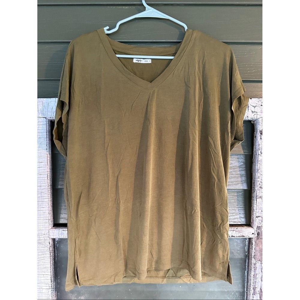 Edgely Womens V-Neck Short Sleeve Top Olive Green Earth Tone Relaxed Fit Large